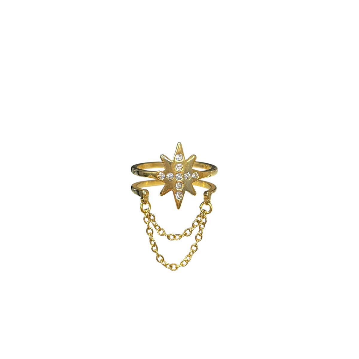 Bague étoile strass doré en acier inoxydable pour femme 