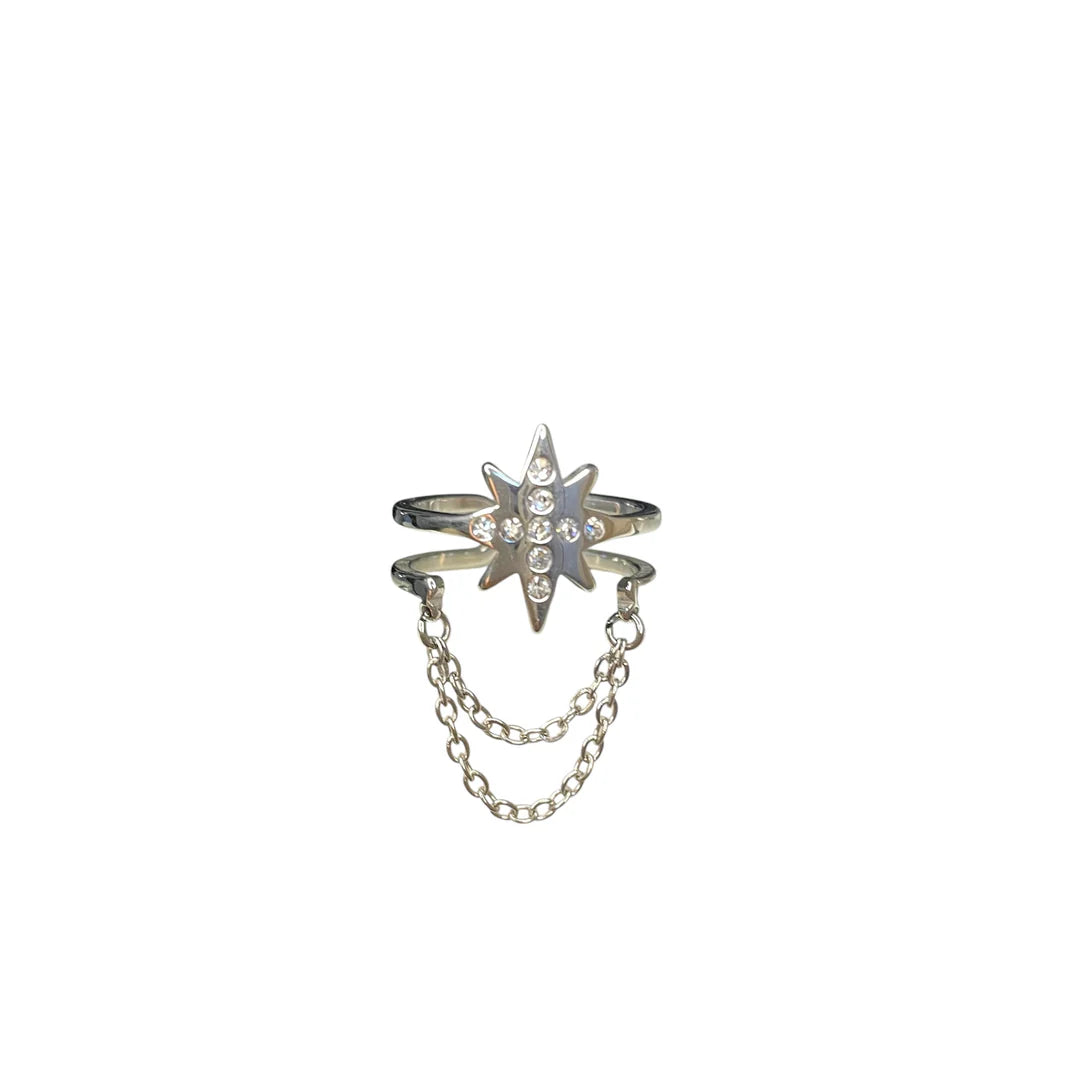 Bague étoile strass argenté en acier inoxydable pour femme 