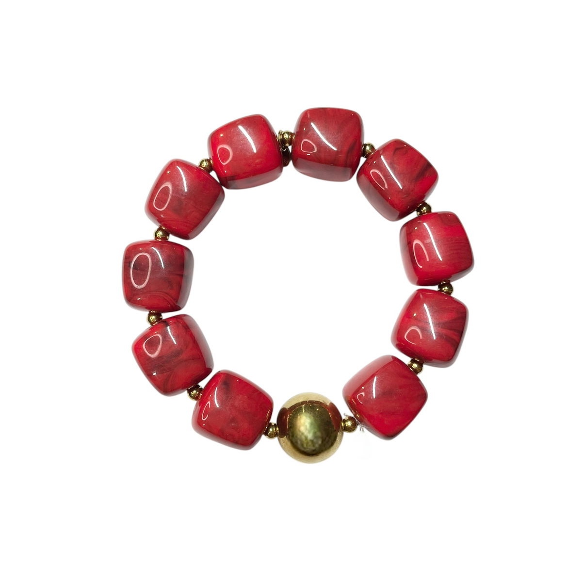 Bracelet résine perles carrées rouge et doré en acier inoxydable ajustable femme 