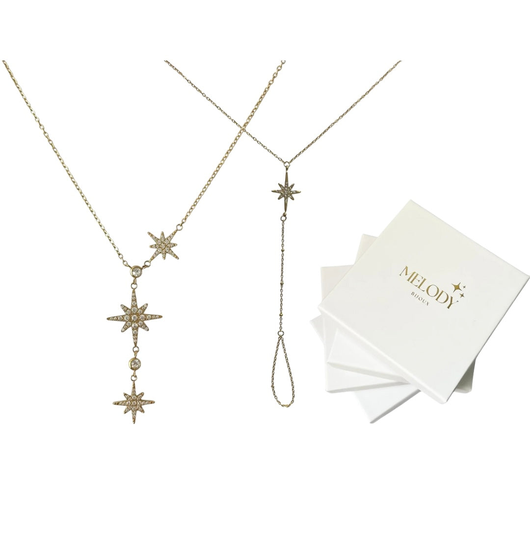 Coffret de Noël édition limitée Melody Bijoux avec collier Scarla, chaîne de main Star et boîte cadeau.