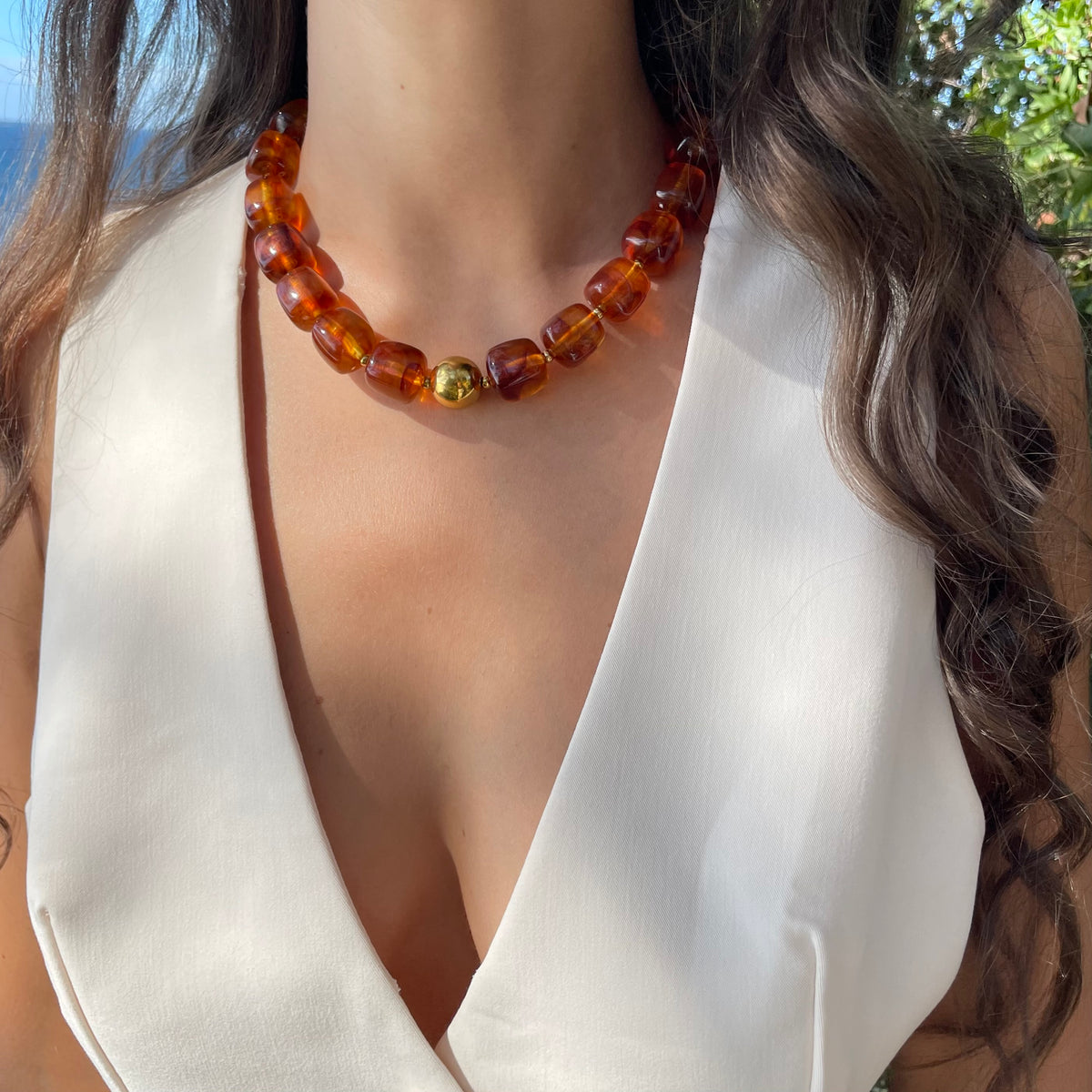 Collier en résine perles marron tendance pour femme 
