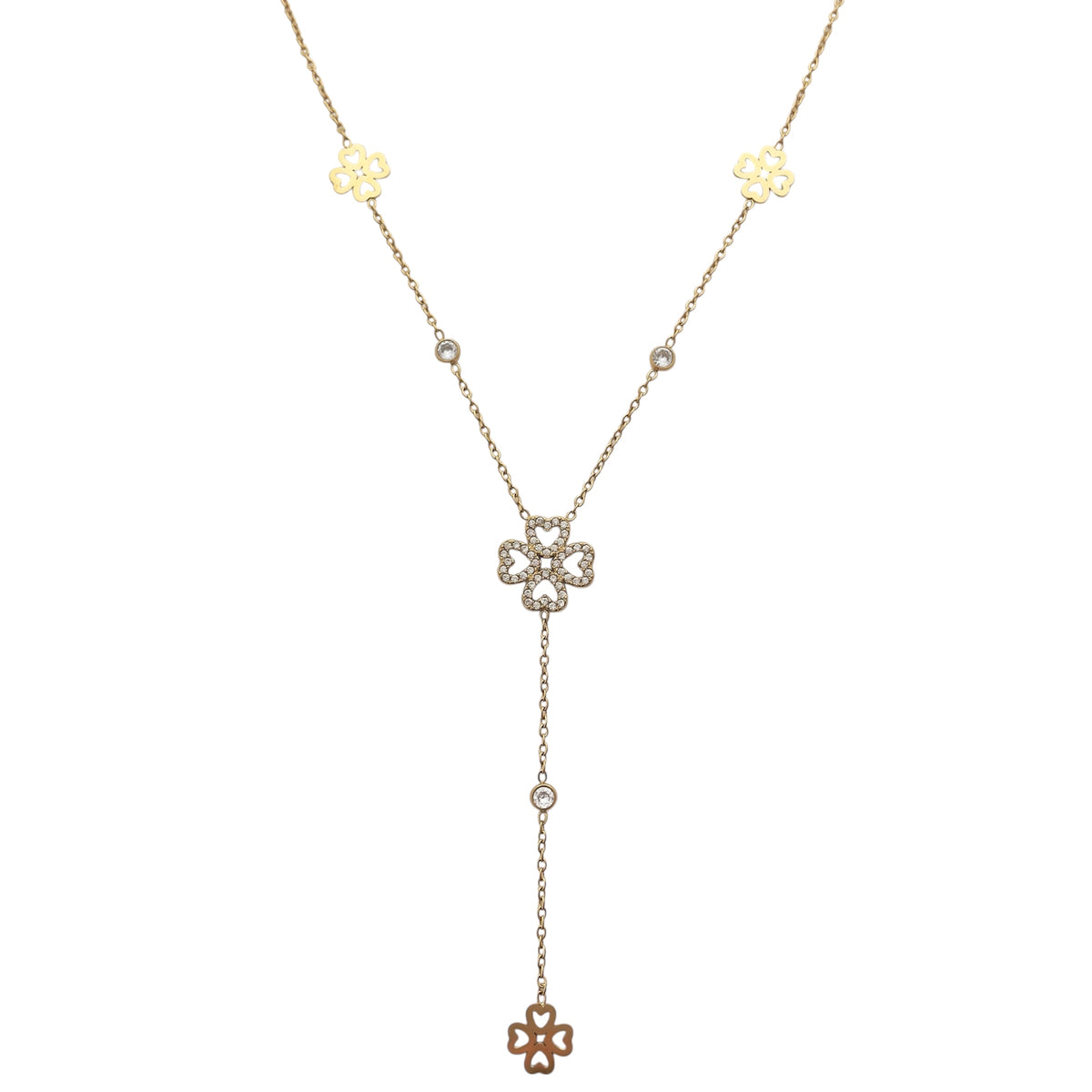 Collier en y trèfle tendance en acier inoxydable doré pour femme 