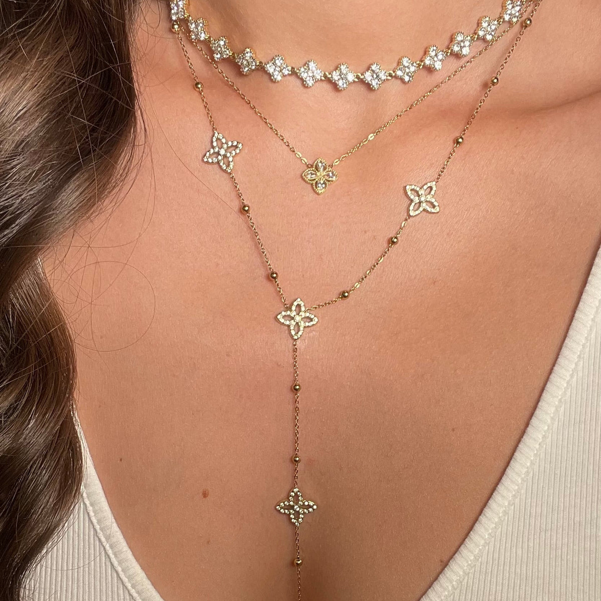 Collier y trèfle et strass en acier inoxydable doré pour femme