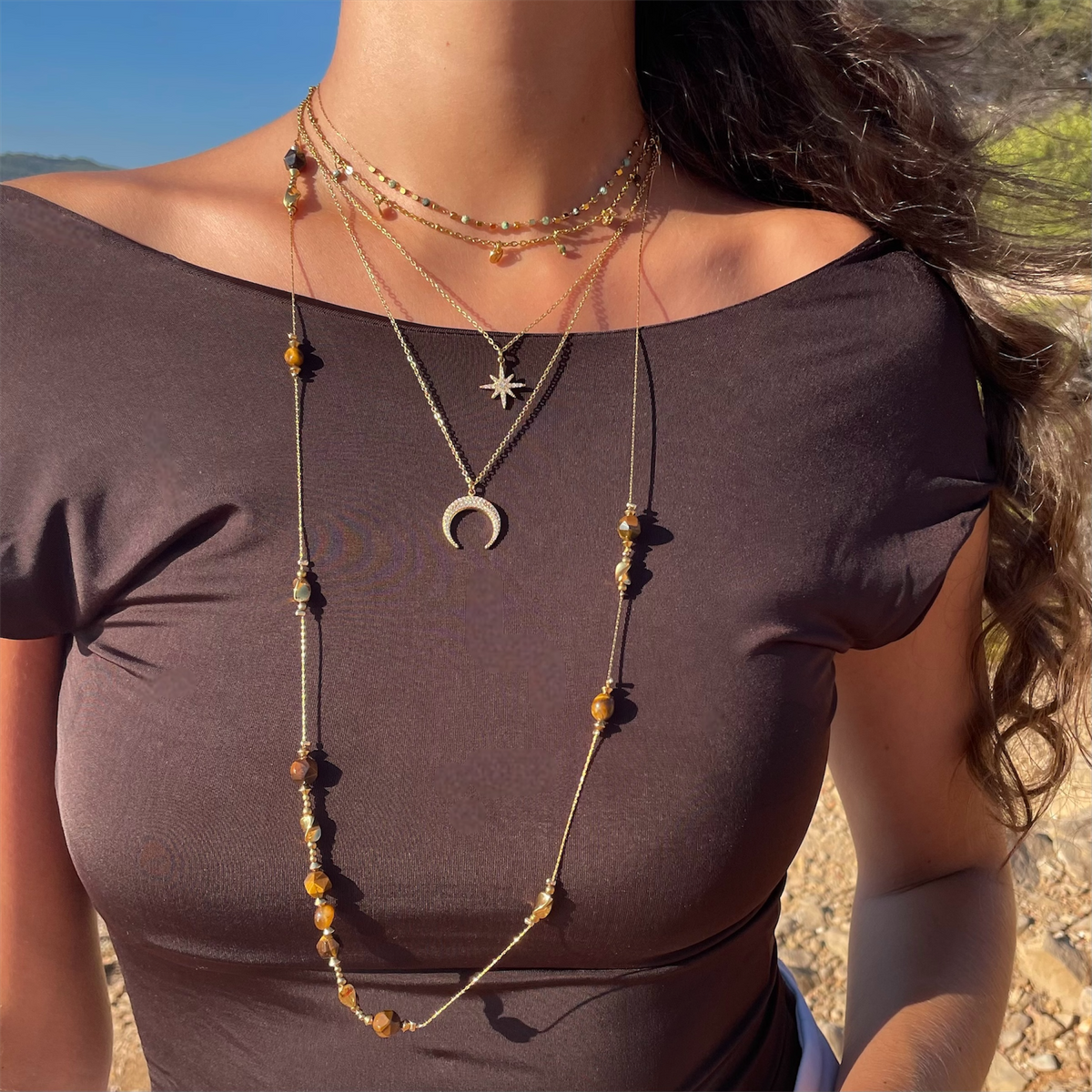 Collier pendentif lune et étoile en acier inoxydable pour femme