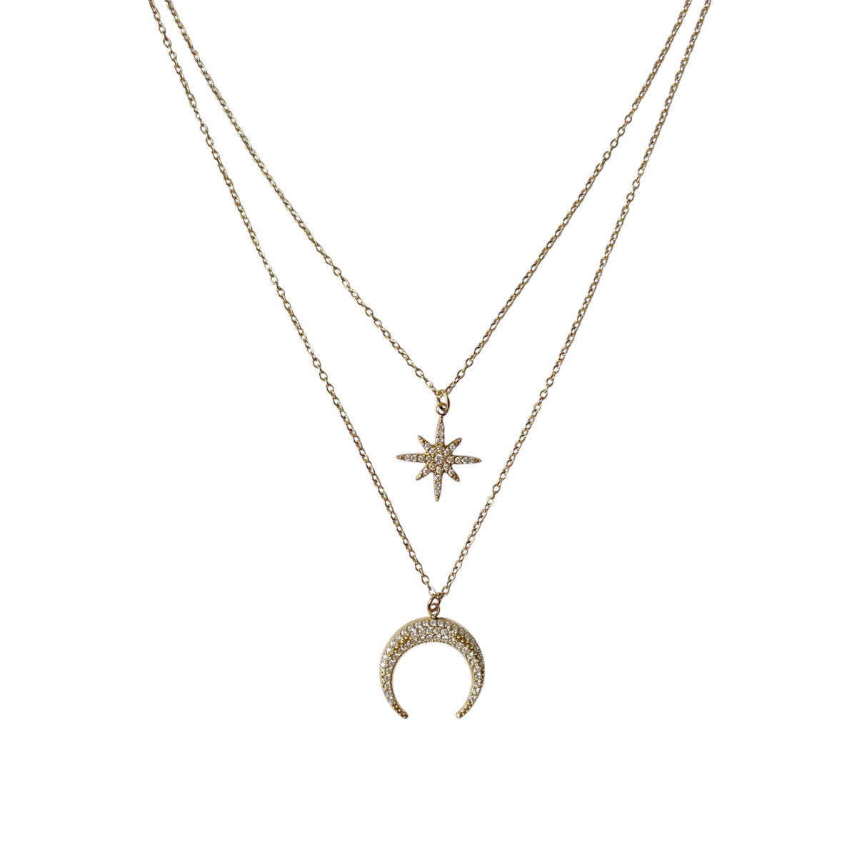 Collier lune étoile double rang doré en acier inoxydable pour femme 