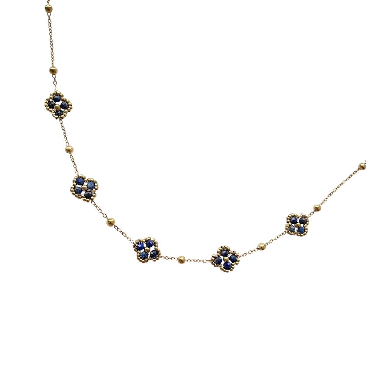 Collier trèfle bleu et perles doré en acier inoxydable pour femme 