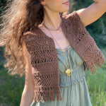 Gilet crochet marron bohème 100% coton tendance femme