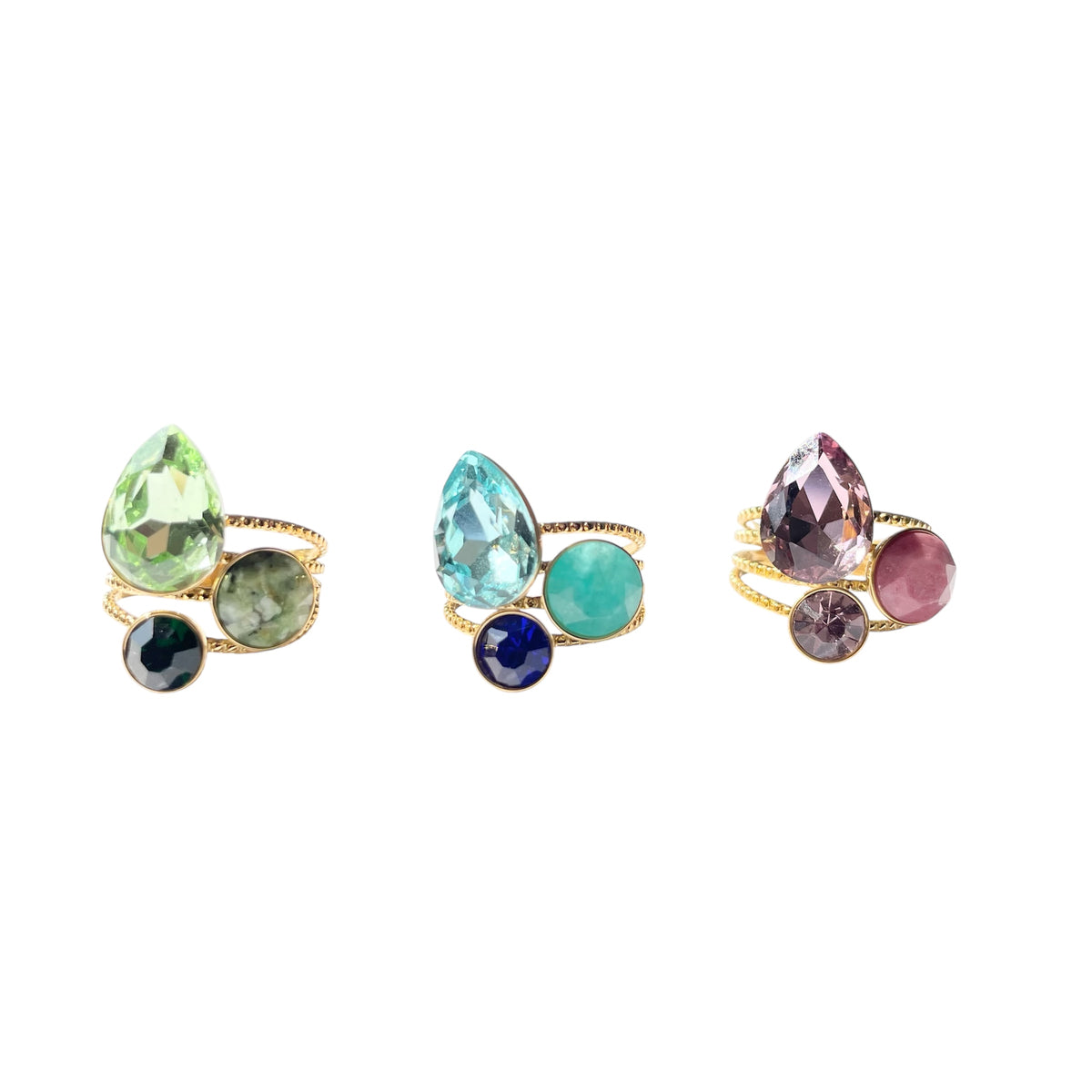 Bague femme 3 rangs en acier inoxydable doré avec cristaux Swarovski et pierre naturelle